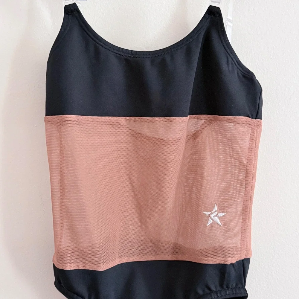 Rebel Athletic Kids Bodysuit Black Medium Skin Tone Mesh Clear Straps Logo YS